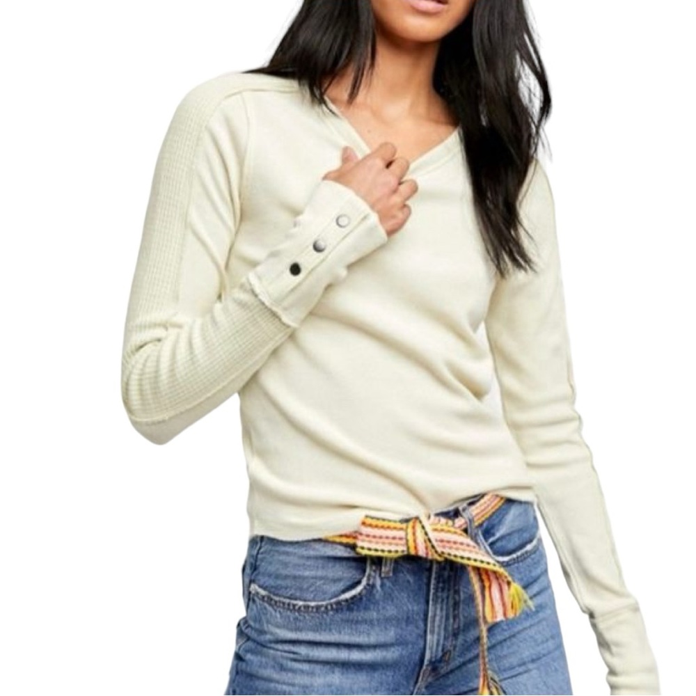 Free People 'Tasha' Thermal Button Cuff Henley in Cactus Milk Size XSmall
